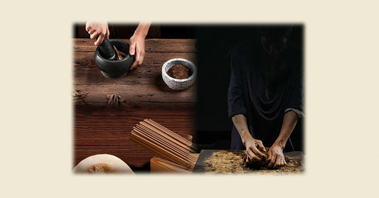 Traditional incense sticks-making process using natural ingredients and handcrafted techniques, symbolizing the heritage of Chinese incense culture.