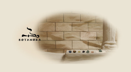 Botanora logo with a display of six crystals and an incense stick in a crystal holder against a stone background, symbolizing natural energy and tranquility.